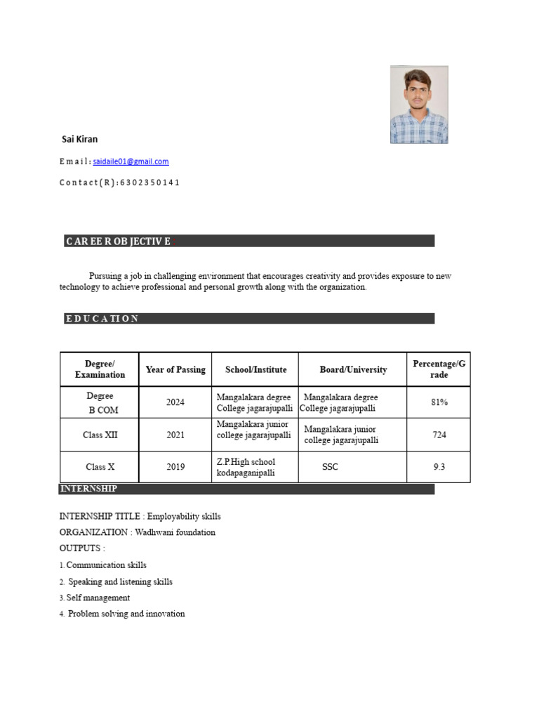 Resume of Sai Kiran - B.Com Graduate | PDF