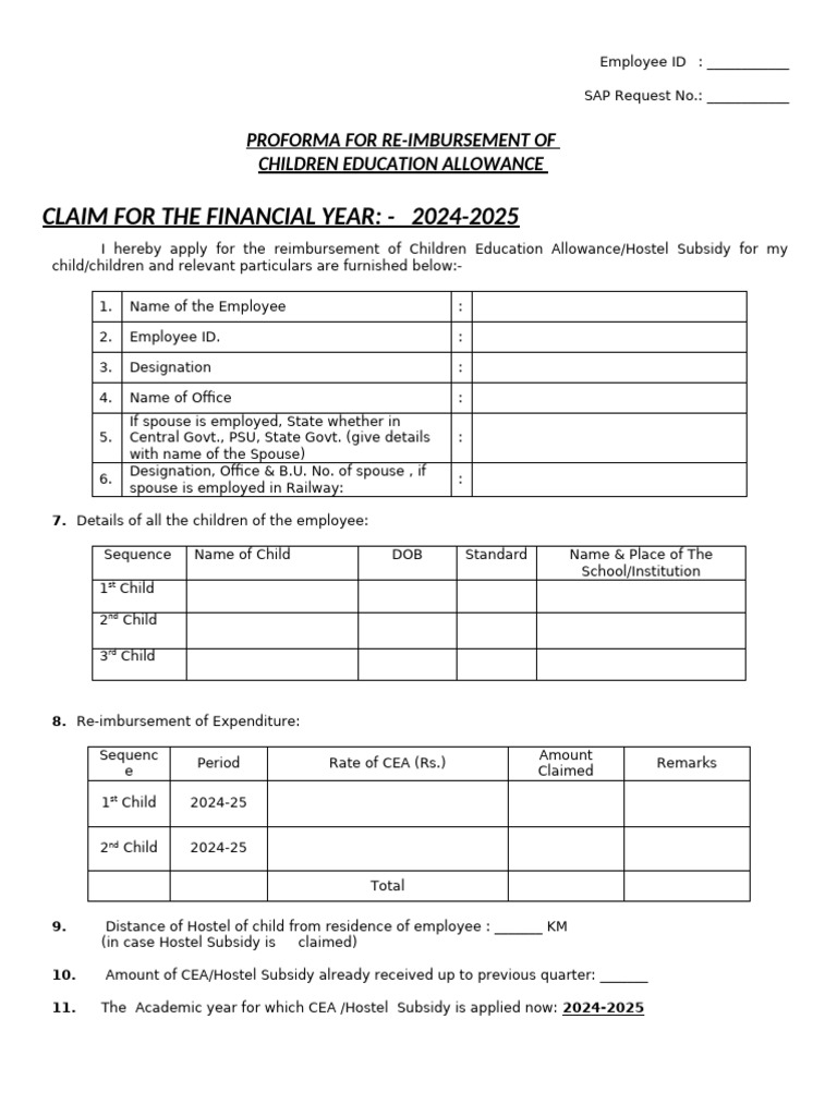 Children Education Allowance Reimbursement Form | PDF