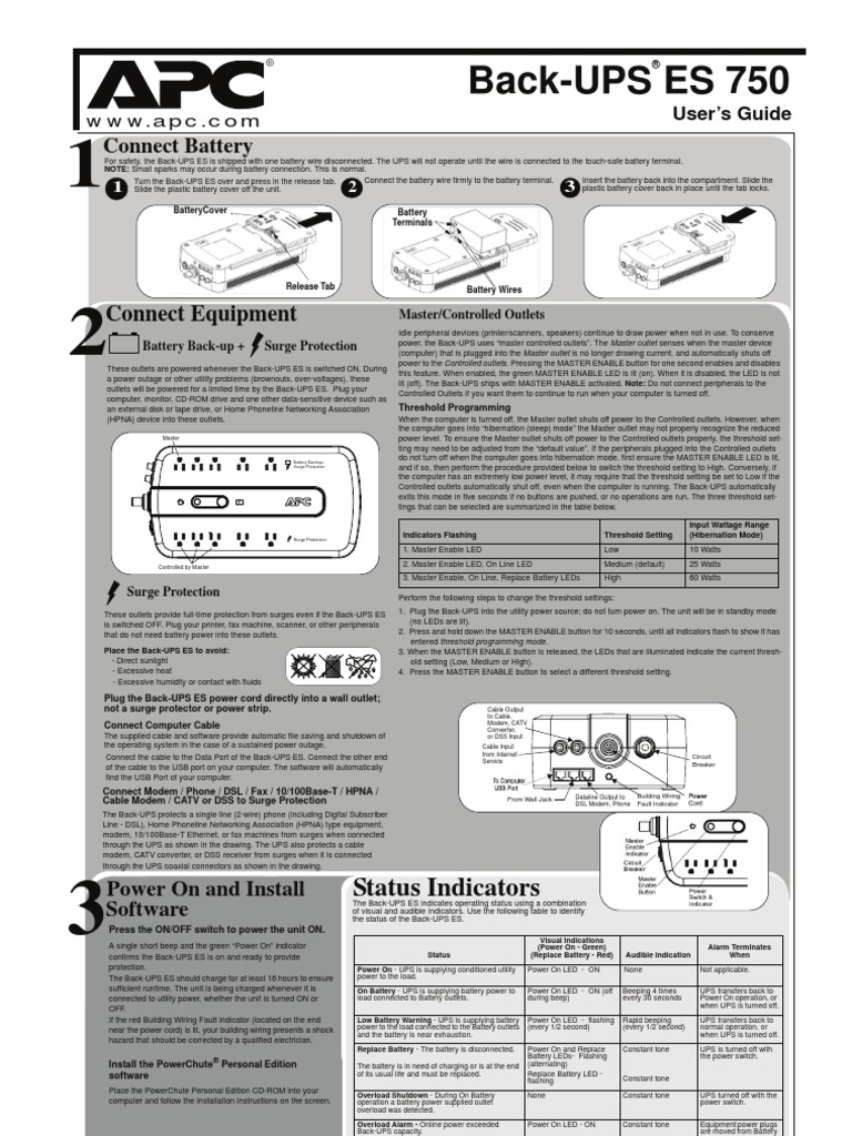 APC Back UPS ES750 Manual Digital Subscriber Line Battery (Electricity)
