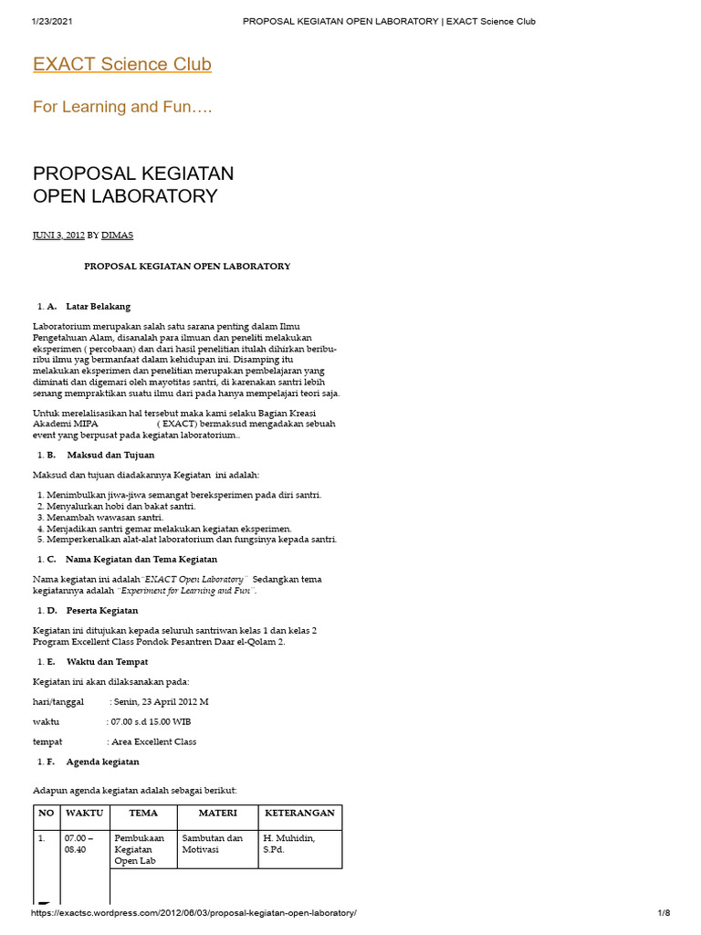 PROPOSAL KEGIATAN OPEN LABORATORY - EXACT Science Club | PDF