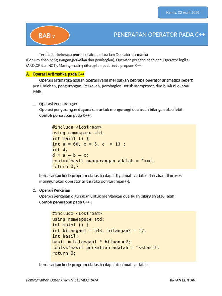 Operator Aritmatika dalam C++ | PDF