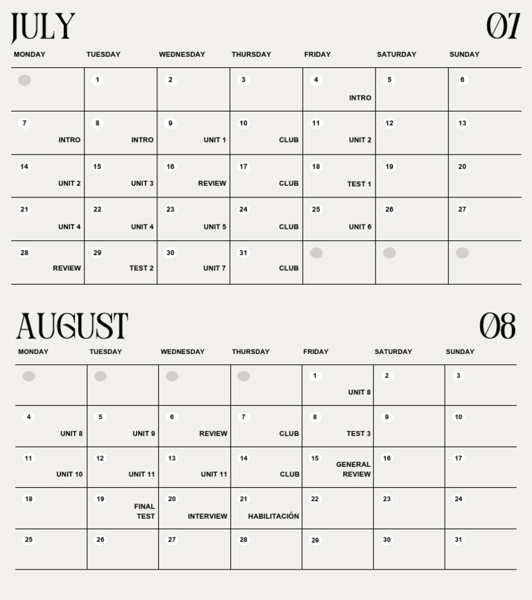 July Calendar and Unit Overview | PDF