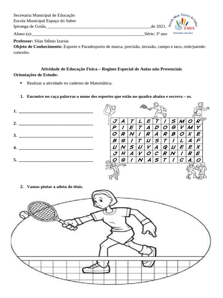 Caça-Palavras: Esportes na Educação Física | PDF