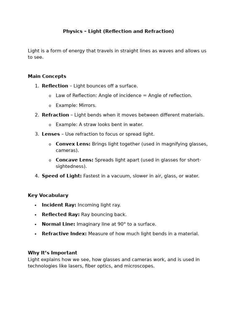 Physics - Light (Reflection and Refraction) | PDF