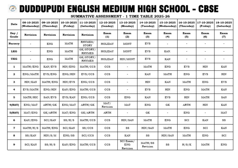SA1 Time Table 2025-26 for Students | PDF