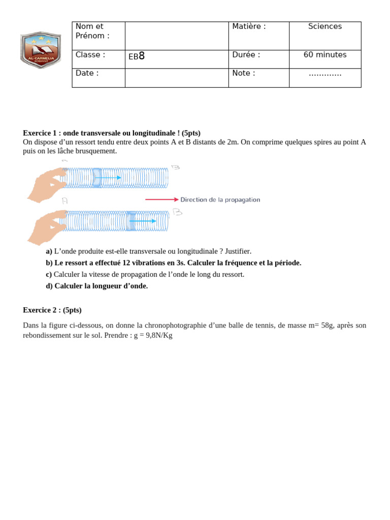 Examen physique EB8 : Ondes et Énergies | PDF | Poids | Vagues