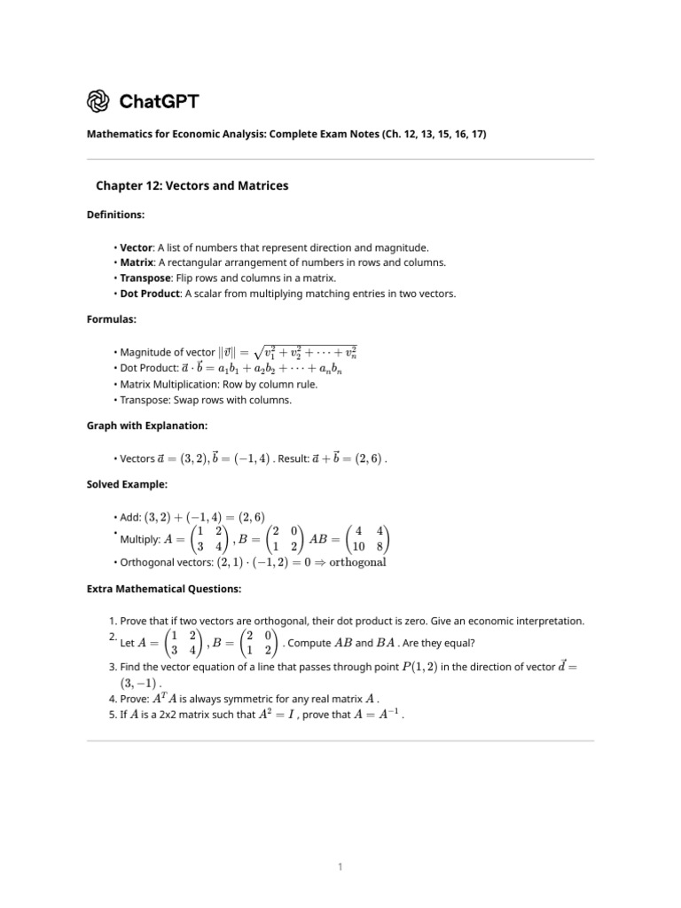 Exam Notes on Economic Mathematics | PDF | Matrix (Mathematics ...