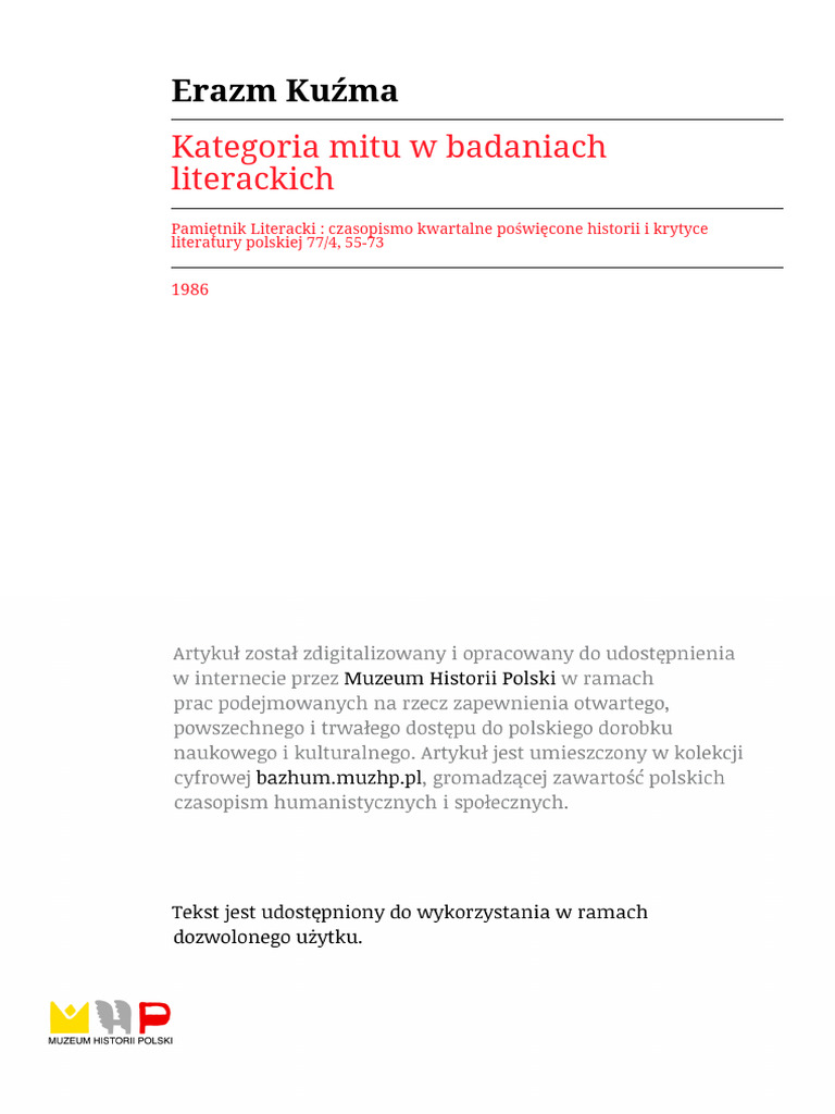 Erazm Kuźma, Kategoria Mitu W Badaniach | PDF