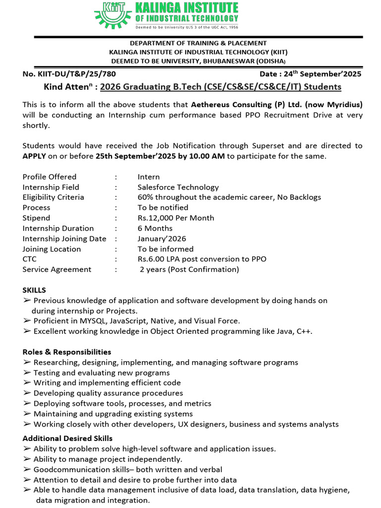 KIIT B.Tech Internship Recruitment Drive | PDF | Computing ...