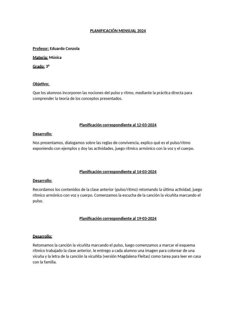 Planificación Musical 3° Grado 2024 | PDF | Ritmo | Canciones
