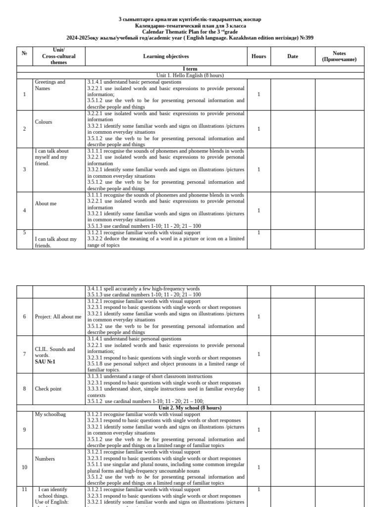 3rd Grade Calendar-Thematic Plan 2024-2025 | PDF | Word | English Language