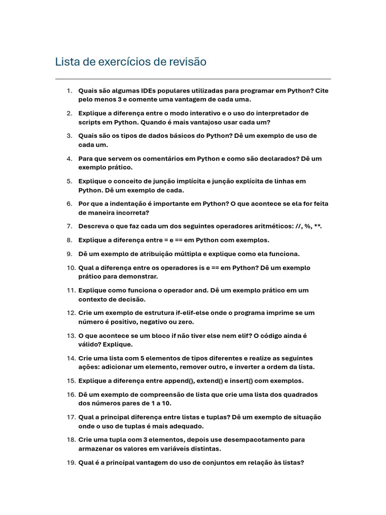 Exercícios de Revisão em Python | PDF | Python (linguagem de ...
