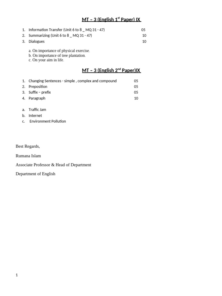 MT - 3 Syllabus For Both IX | PDF