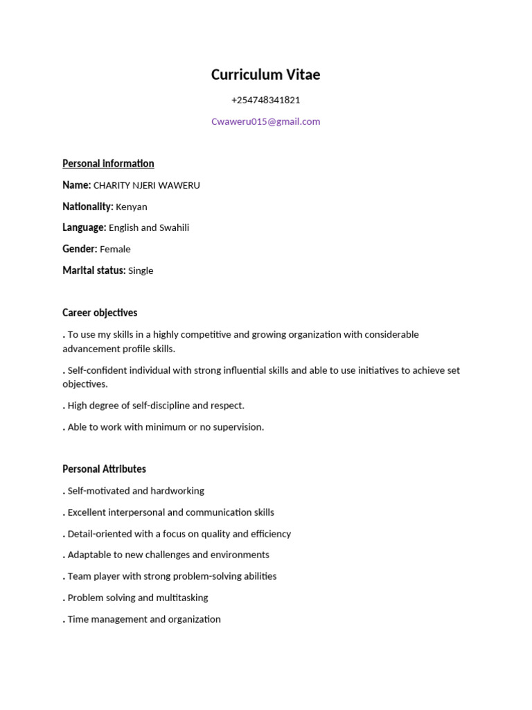 Charity Njeri Waweru CV Summary | PDF