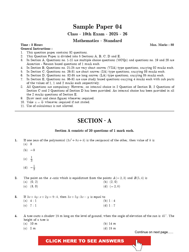 Class 10 Maths Sample Paper 2025-26 | PDF | Sphere | Elementary Geometry