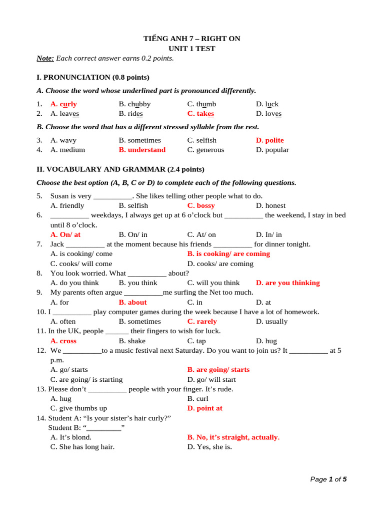 English 7 Unit 1 Test Overview | PDF | Gesture