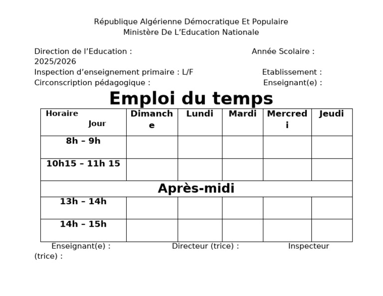 Emploi du temps primaire 2025-2026 | PDF