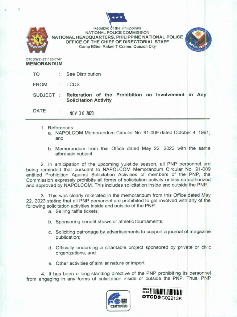 Reiteration of The Prohibition On Involvement in Any Solicitation ...