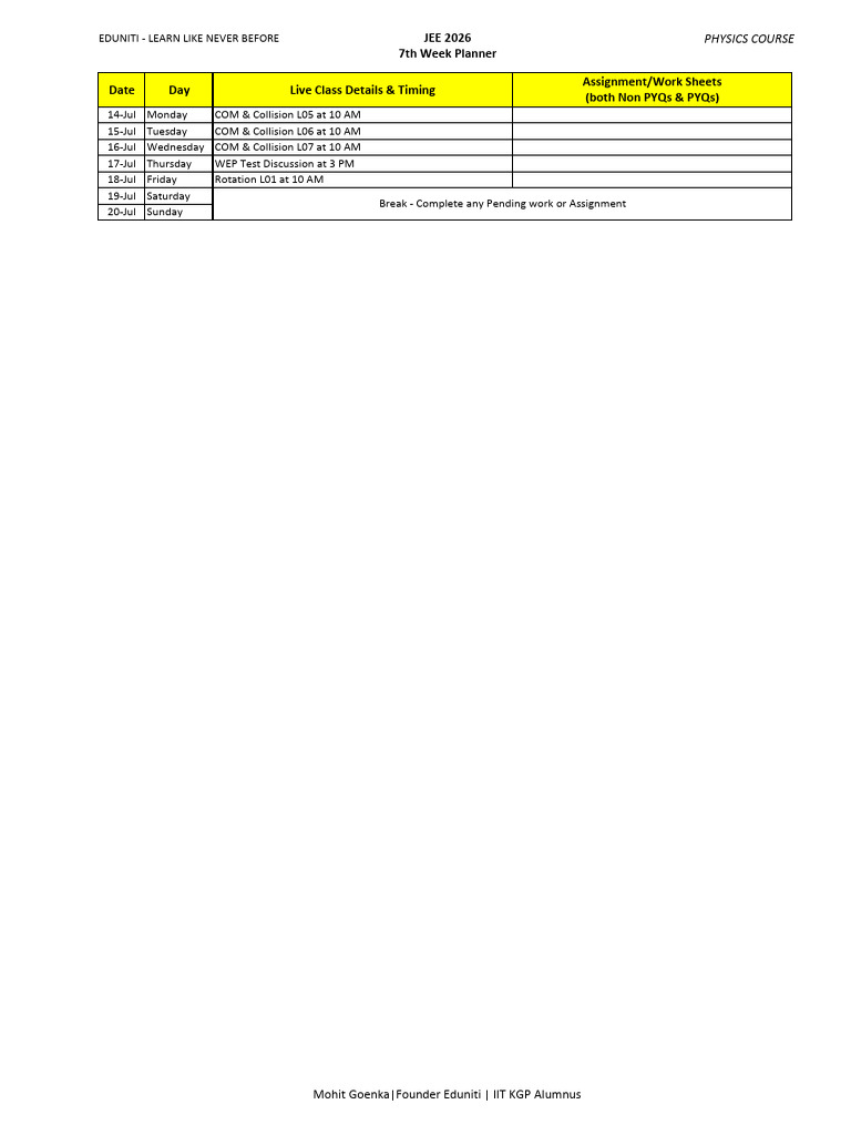Jee 2026 7Th Week Planner Date Day Live Class Details & Timing ...