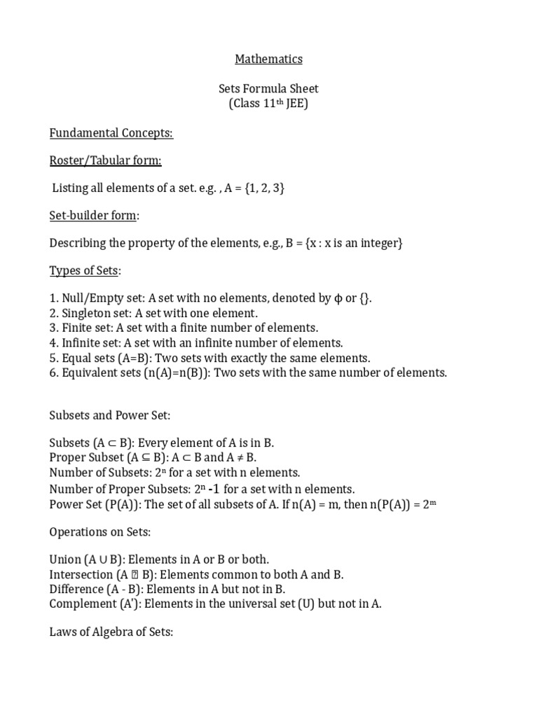 Sets Formula Sheet 2 | PDF | Set (Mathematics) | Algebra