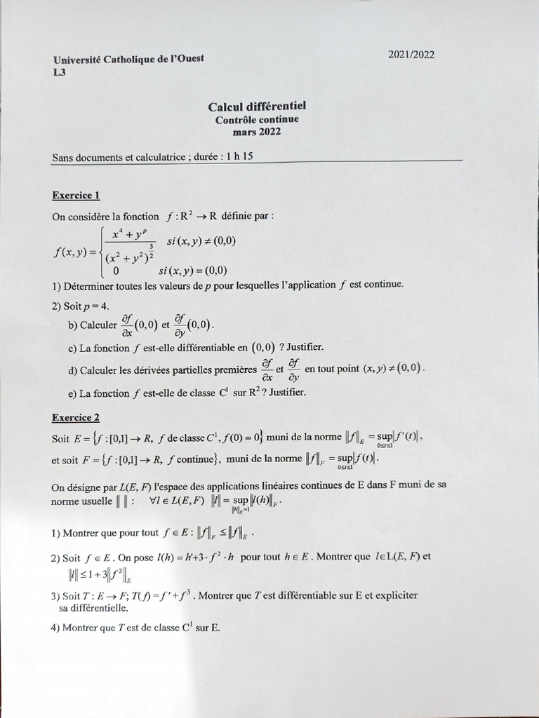 Contrôle de Calcul Différentiel 2022 | PDF | Calcul des variations ...