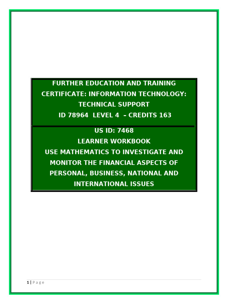Unit Standard 7468: Financial Math Workbook | PDF | Interest | Economies