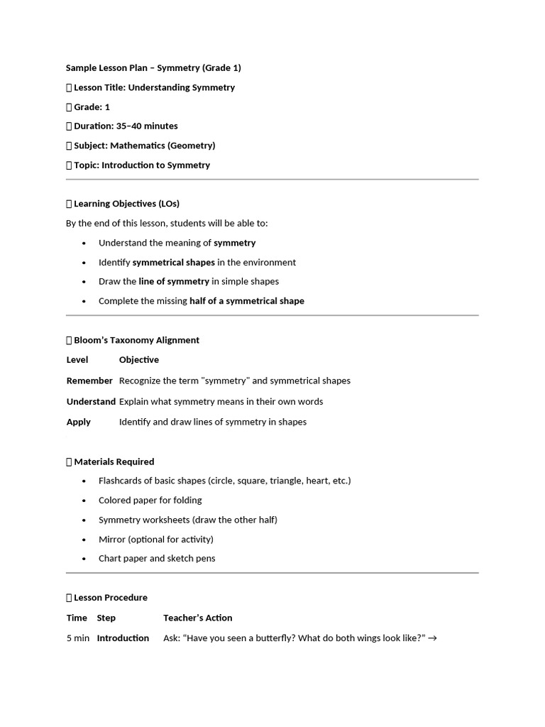 Grade 1 Symmetry Lesson Plan | PDF