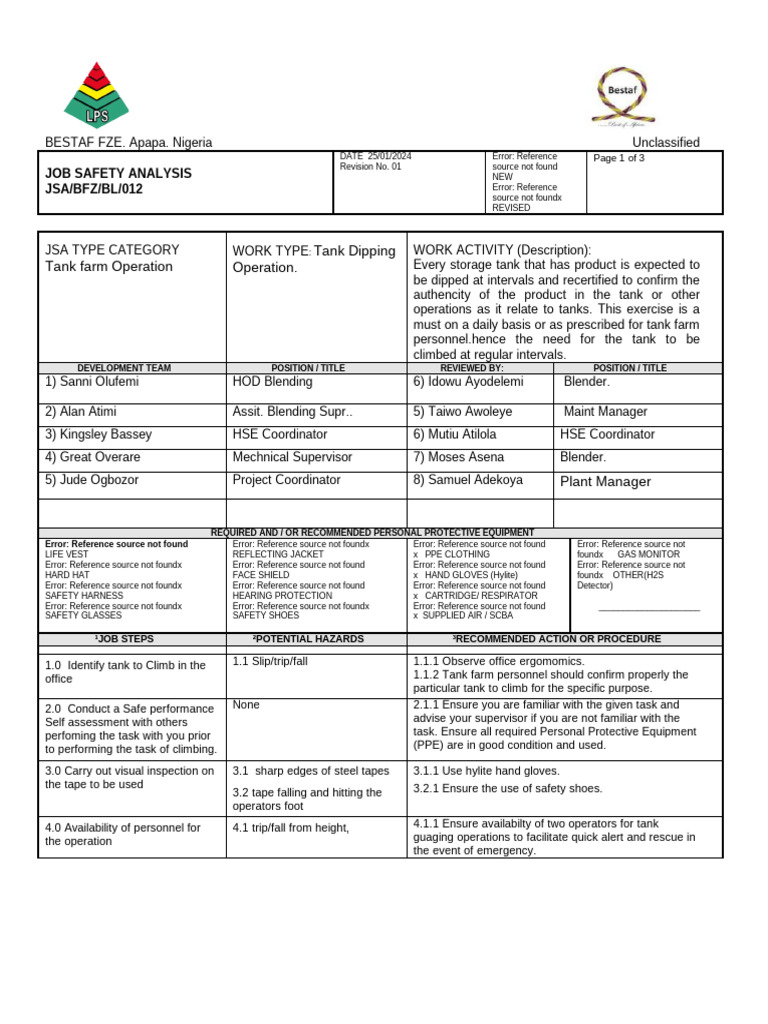 JSA Tank Dipping Operation-005 | PDF | Personal Protective Equipment ...
