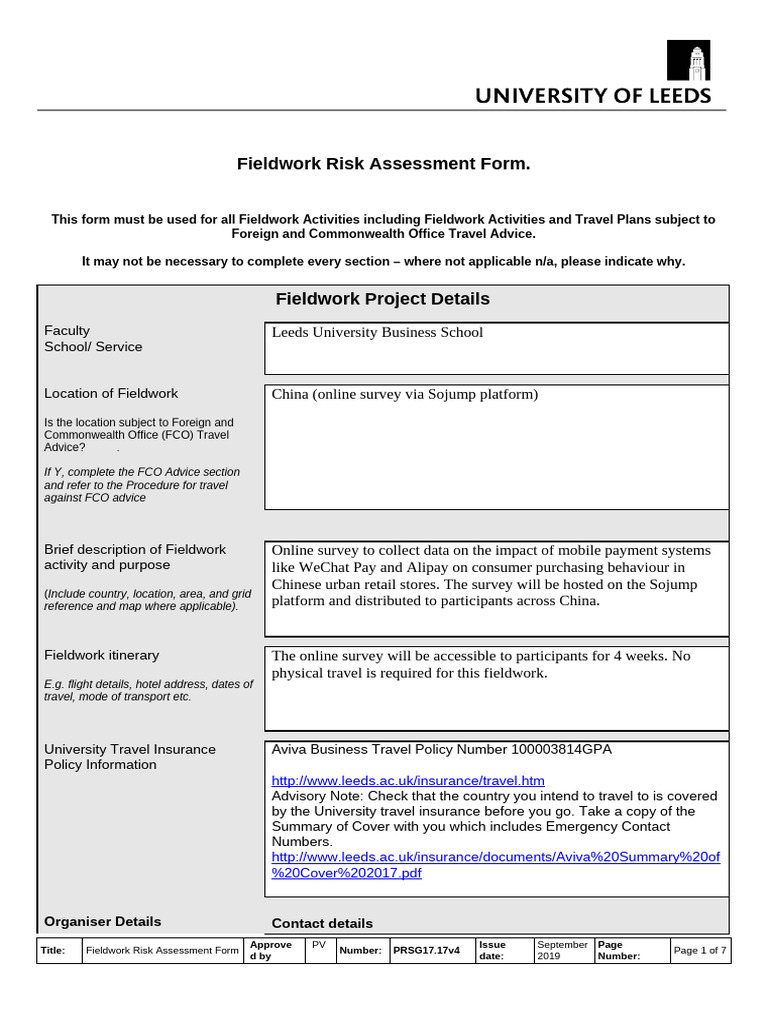 Fieldwork Risk Assessment for Online Survey | PDF | Hazards | Risk