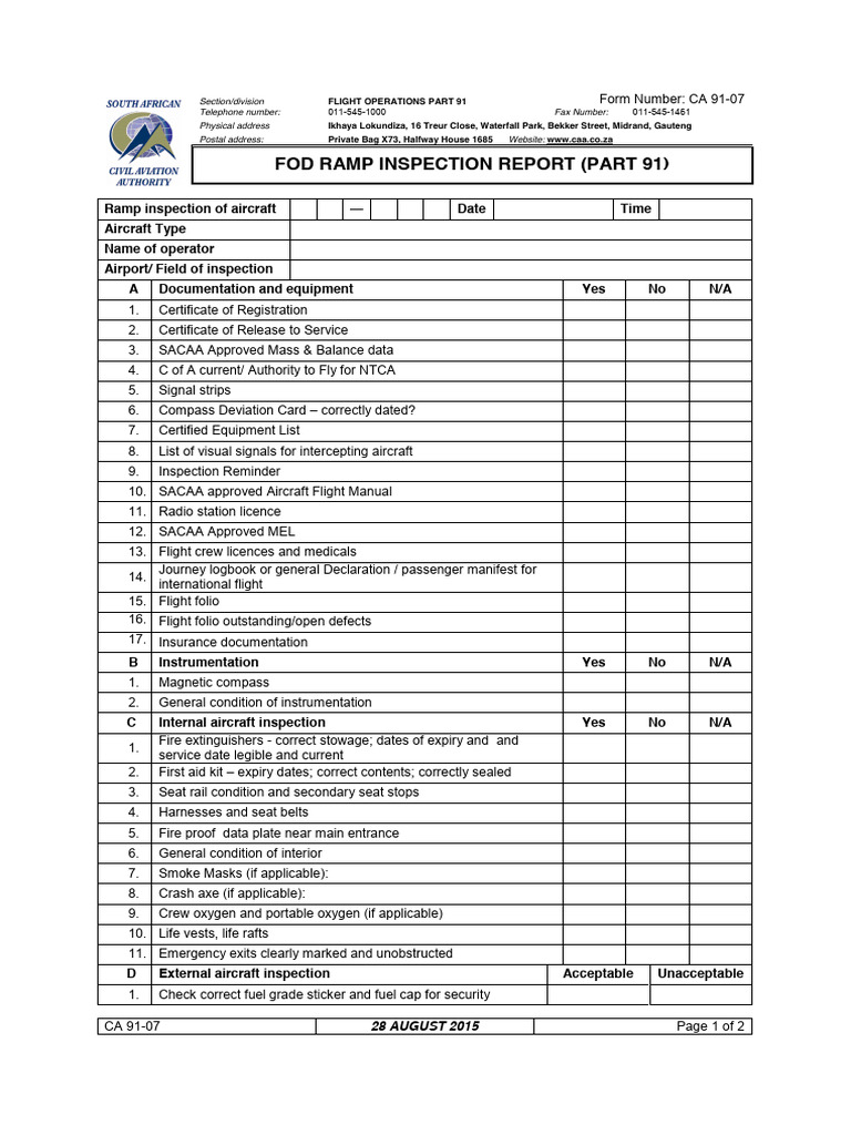CA91-07 Ramp Inspection August 2015 | PDF | Aircraft | Transport