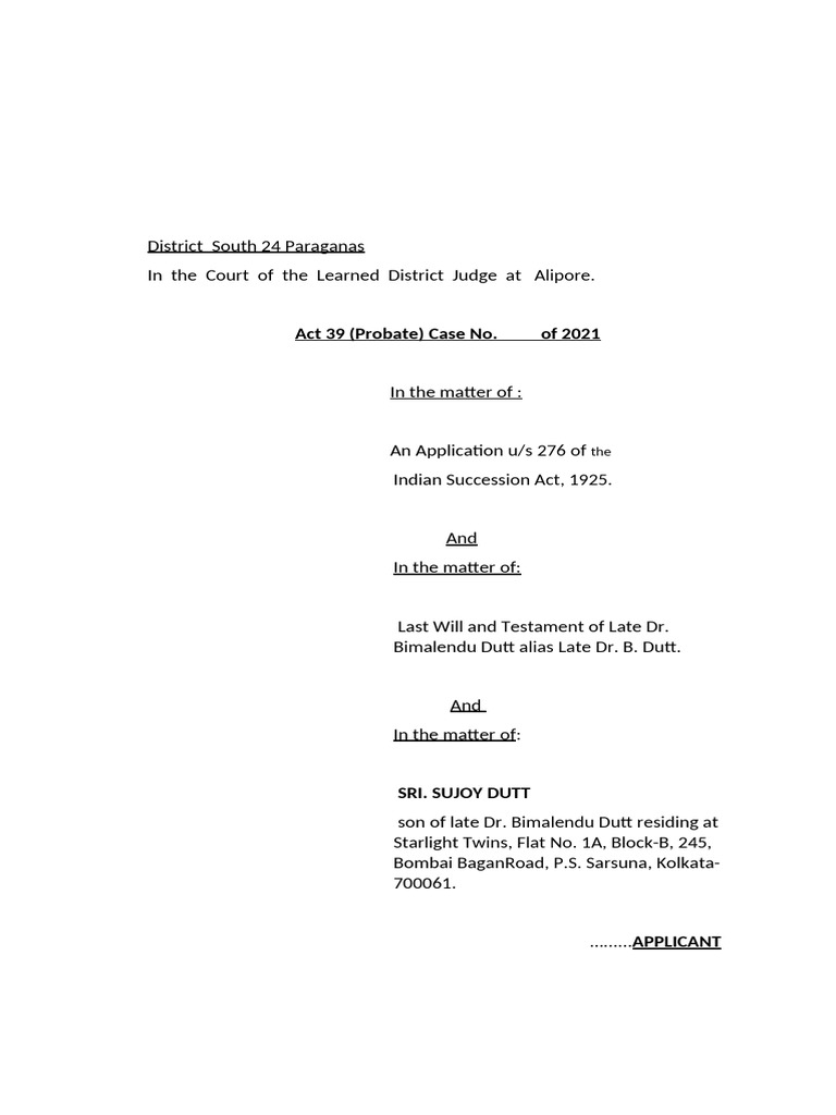 Probate Application for Dr. Bimalendu Dutt | PDF | Will And Testament ...
