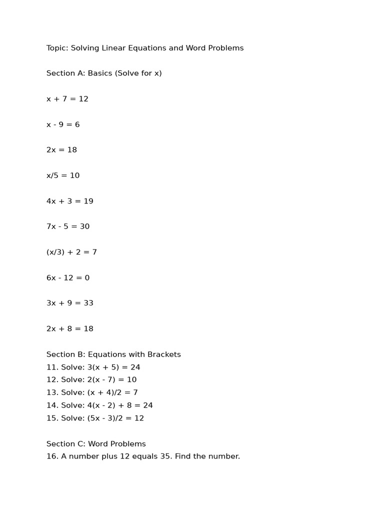 Linear Equations and Word Problems Guide | PDF