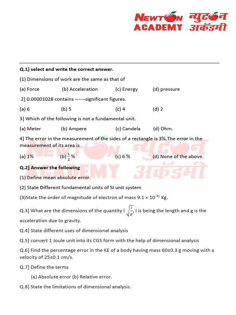 Unit Test 1 Syllabus (4-Topics) | PDF | Force | Acceleration