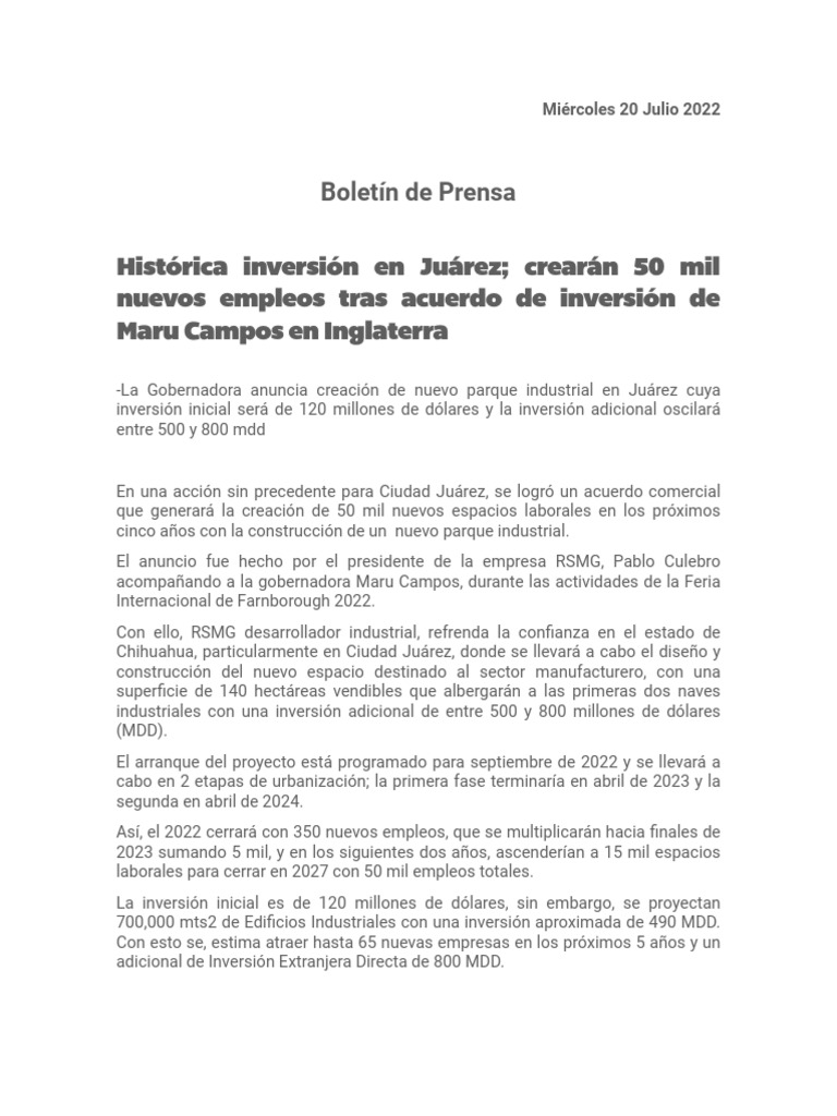 Inversión histórica: 50 mil empleos en Juárez | PDF | Economias