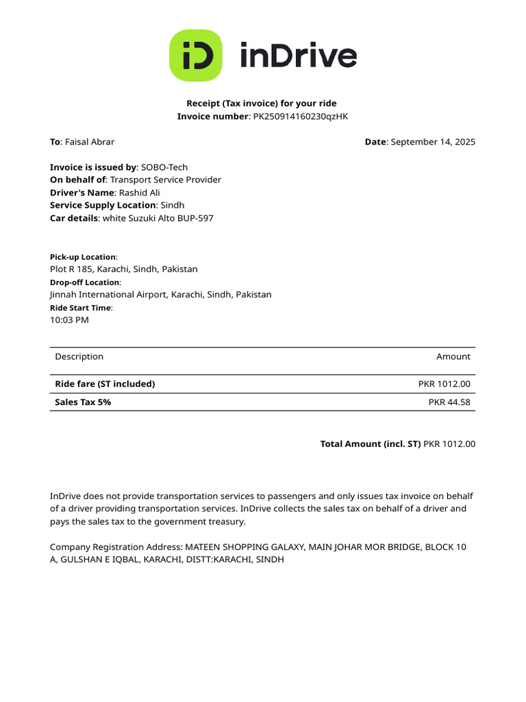 Tax Invoice for Ride to Airport | PDF