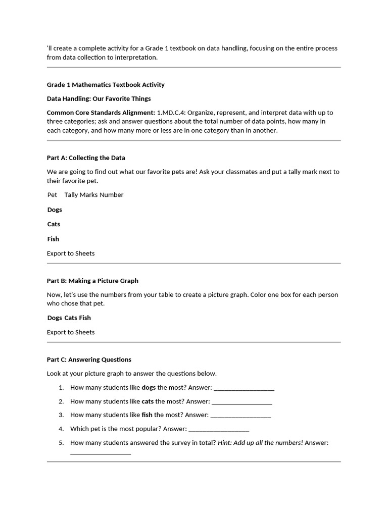 Grade 1 Data Handling Activity | PDF