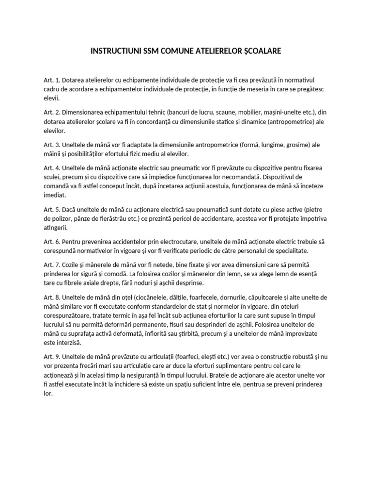 Instructiuni SSM Comune Atelierelor Școalare | PDF