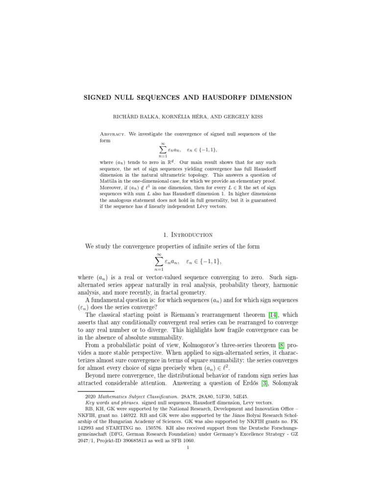 Signed Null Sequences and Hausdorff Dimension | PDF | Sequence | Vector ...
