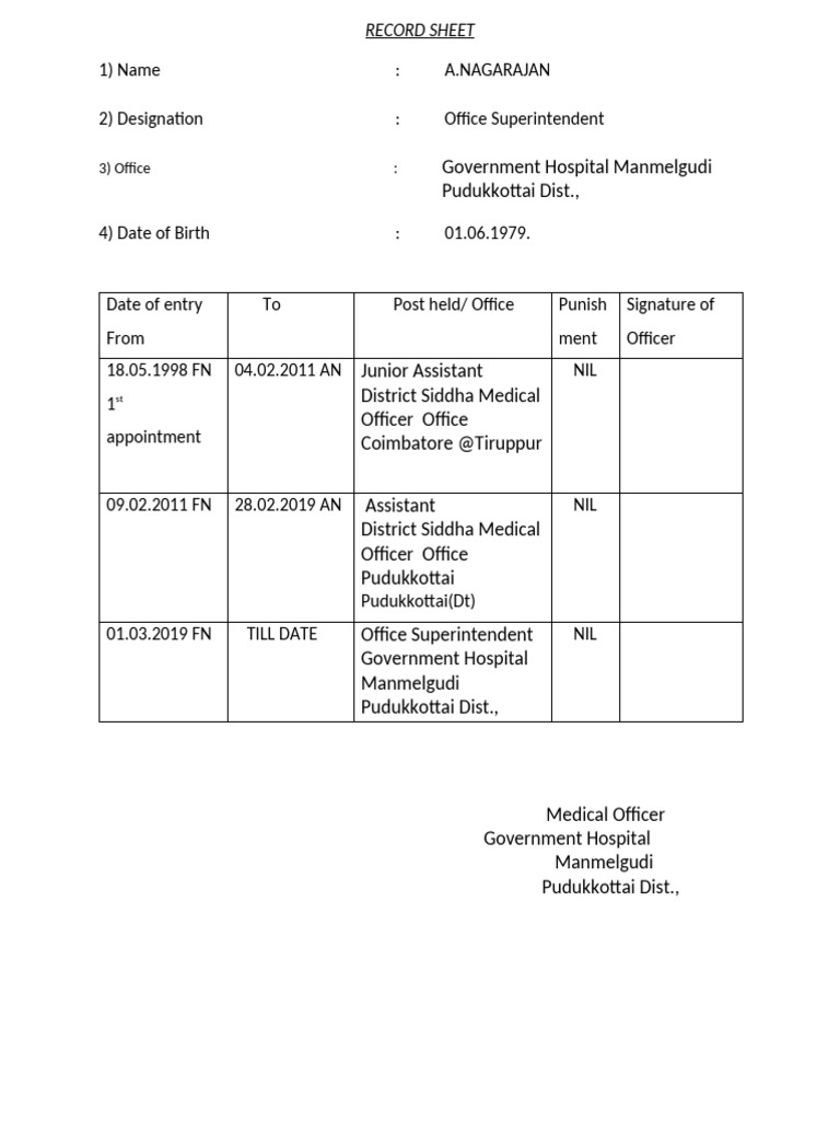 A. Nagarajan's Employment Record Sheet | PDF