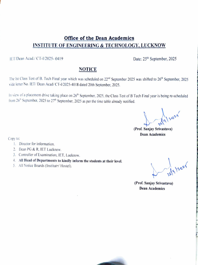 B.Tech Final Year Test Rescheduled Notice | PDF