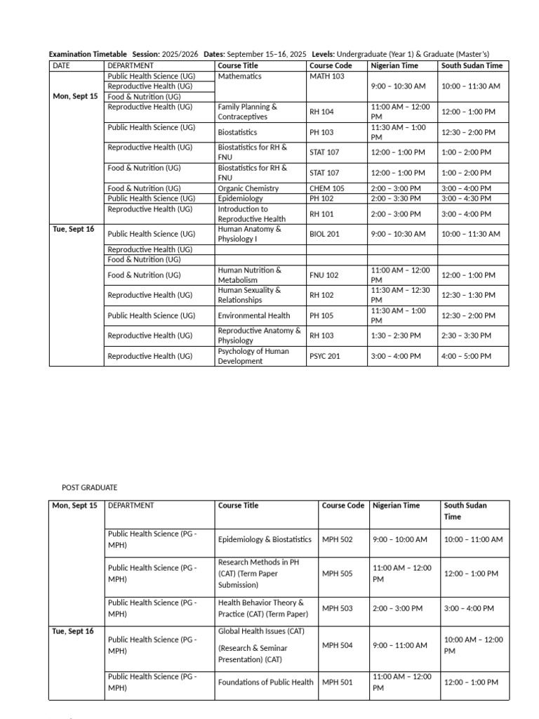 FNU 2025 Exam Timetable Overview | PDF | Human Reproduction | Human ...