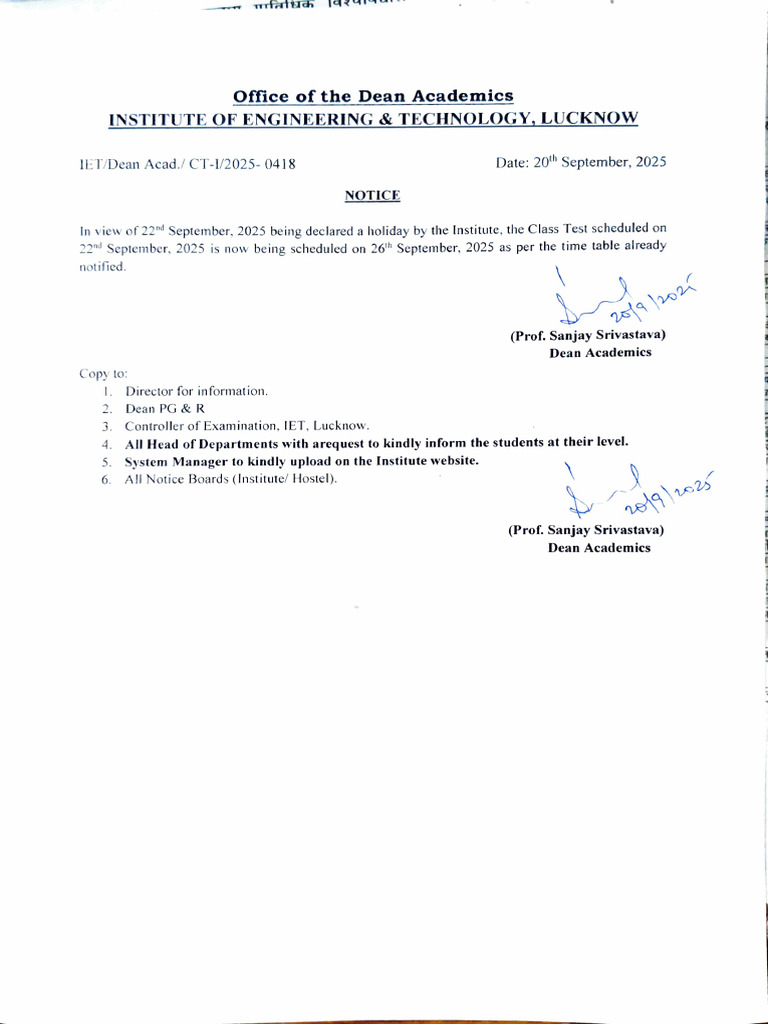 Class Test Rescheduled Notice - IET Lucknow | PDF