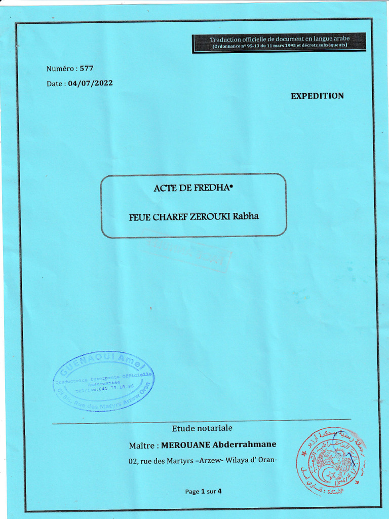 Acte de Frédha : Répartition Successorale | PDF | Droits de tradition ...