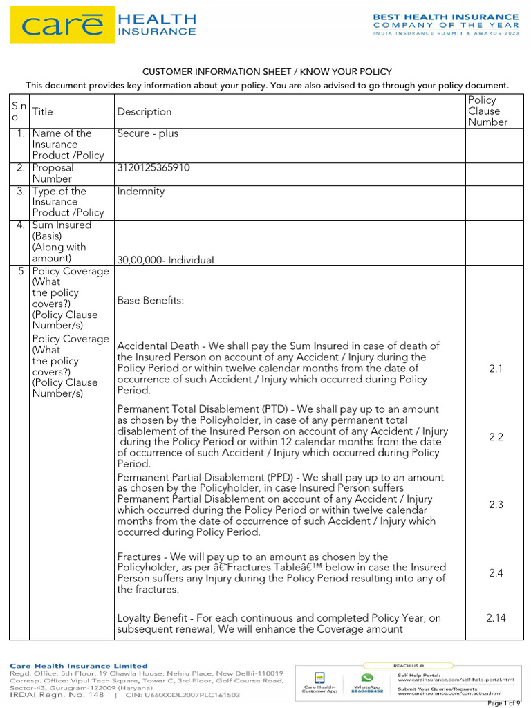 Customer Information Sheet: Secure-Plus Policy | PDF | Deductible ...