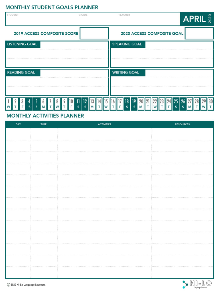 Monthly Student Goals & Activities Planner | PDF | Learning ...