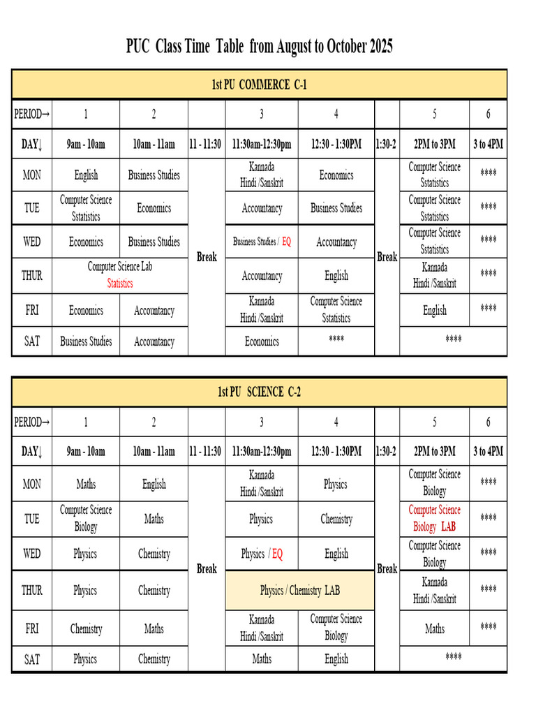 PUC Class Timetable: August to October 2025 | PDF | Physical Sciences ...