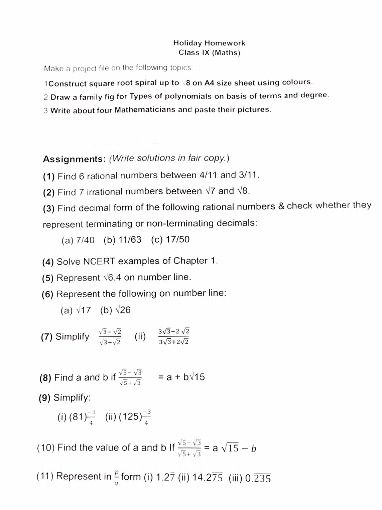 Class IX Maths Project and Homework Guide | PDF