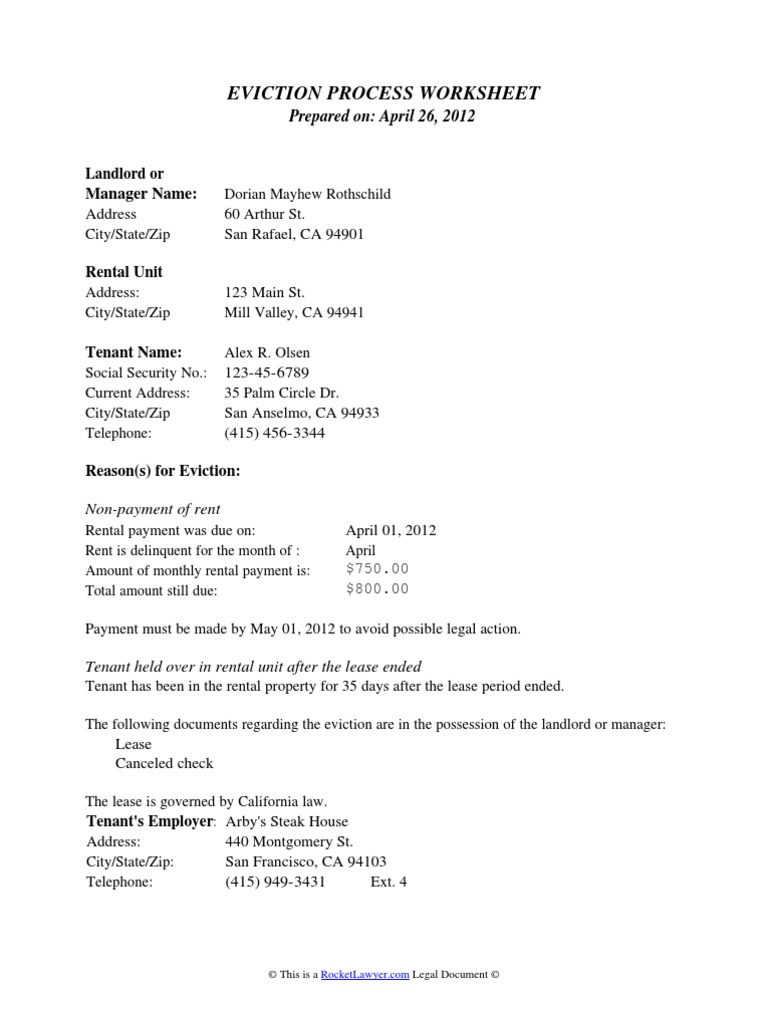 Eviction Process Worksheet: Landlord or Manager Name | PDF