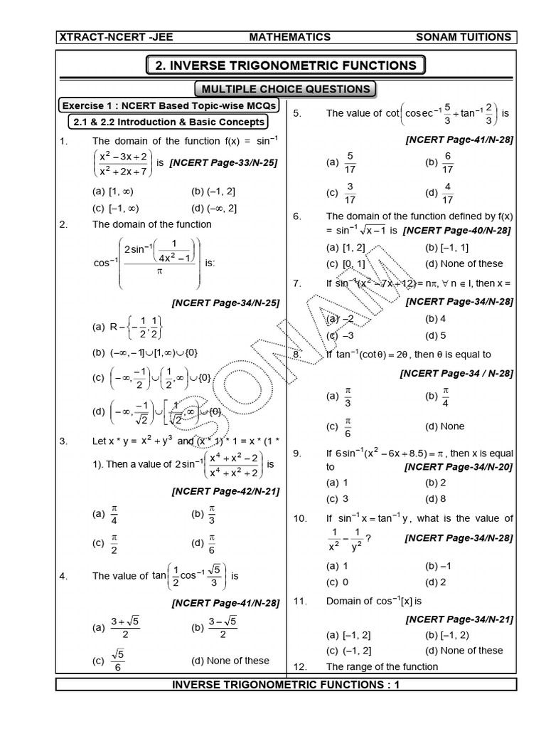 NCERT JEE Inverse Trigonometric MCQs | PDF | Function (Mathematics ...