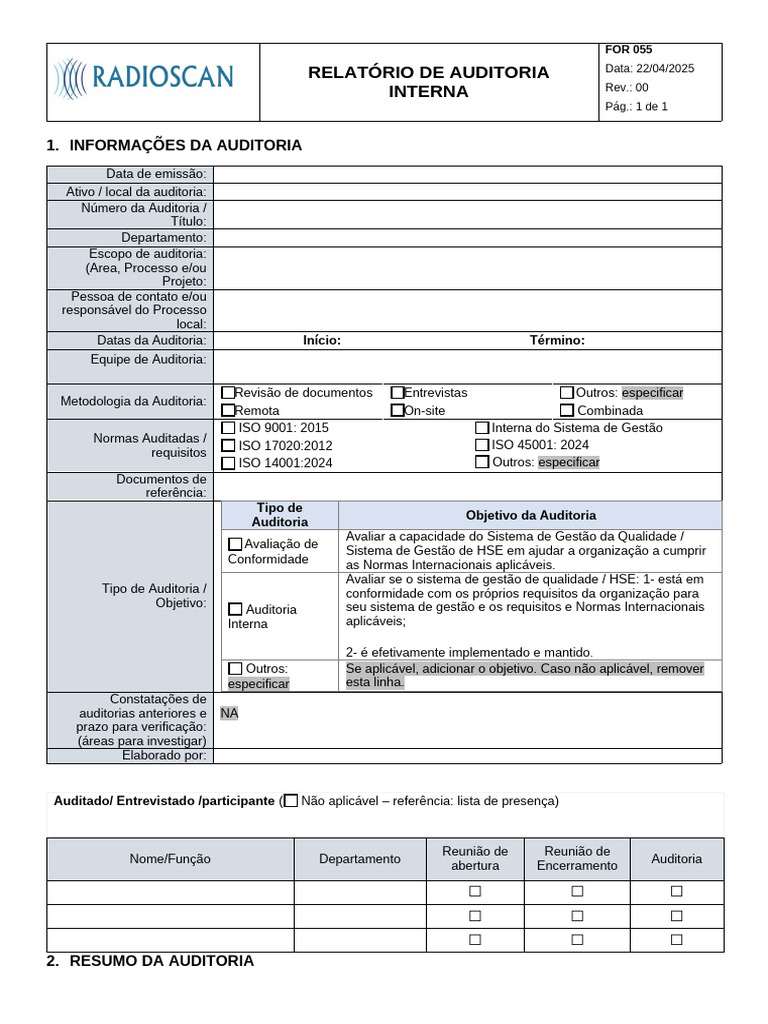 Relatório de Auditoria Interna FOR 055 | PDF